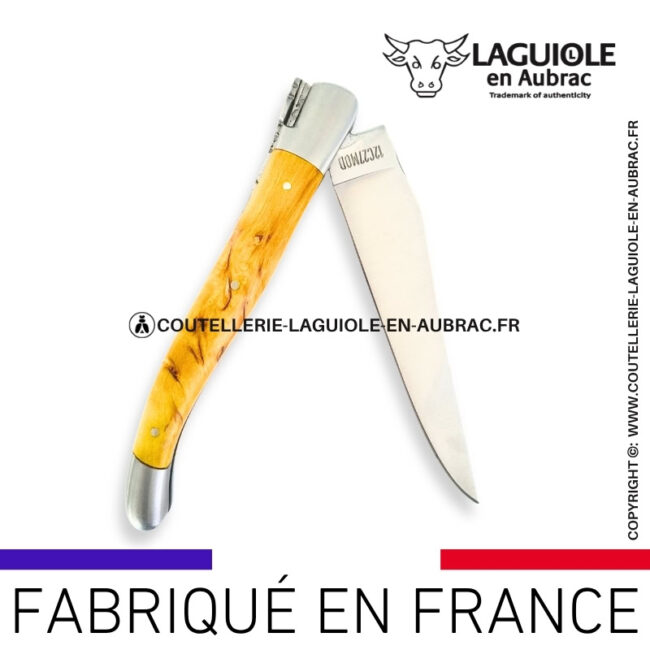 couteau laguiole en aubrac pliant en bouleau jaune et finition satinée