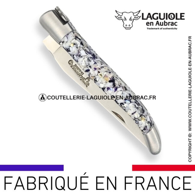 couteau laguiole en aubrac pliant en coquilles d'huîtres et moules finition satinée