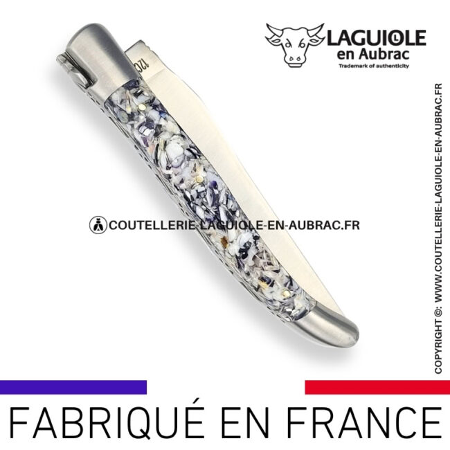 couteau laguiole en aubrac pliant en coquilles d'huîtres et moules finition satinée
