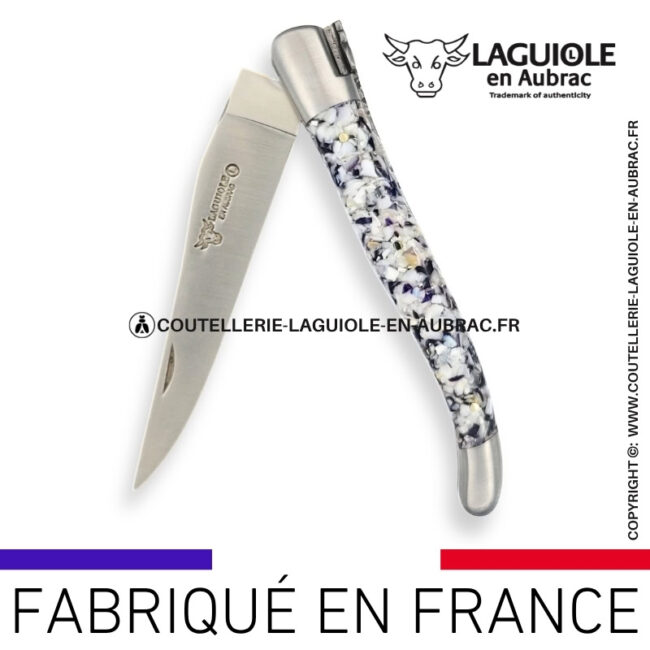 couteau laguiole en aubrac pliant en coquilles d'huîtres et moules finition satinée