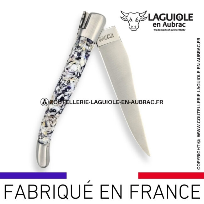 couteau laguiole en aubrac pliant en coquilles d'huîtres et moules finition satinée