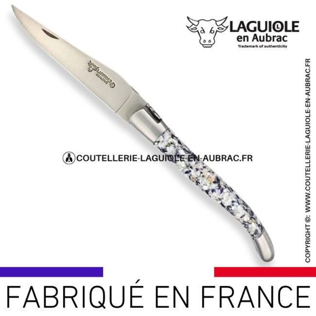 couteau laguiole en aubrac pliant en coquilles d'huîtres et moules finition satinée