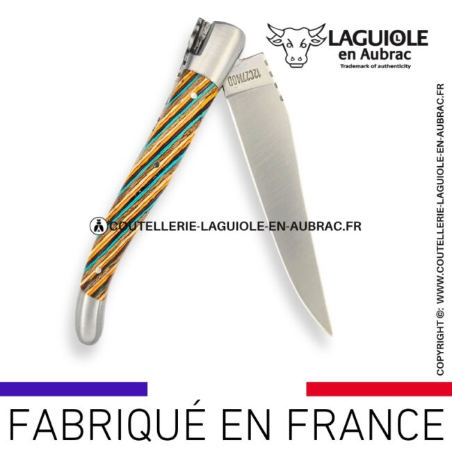couteau laguiole en aubrac pliant en marqueterie bicolore marron et finition satinée