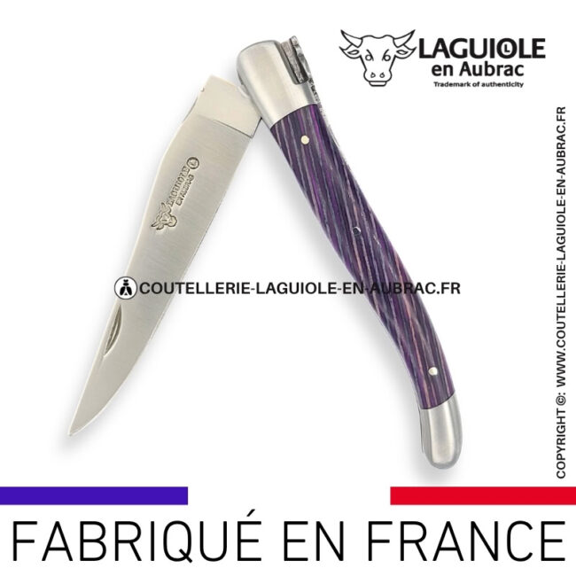couteau laguiole en aubrac pliant en marqueterie bicolore prune et finition satinée
