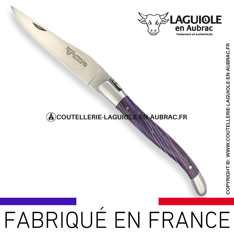 couteau laguiole en aubrac pliant en marqueterie bicolore prune et finition satinée