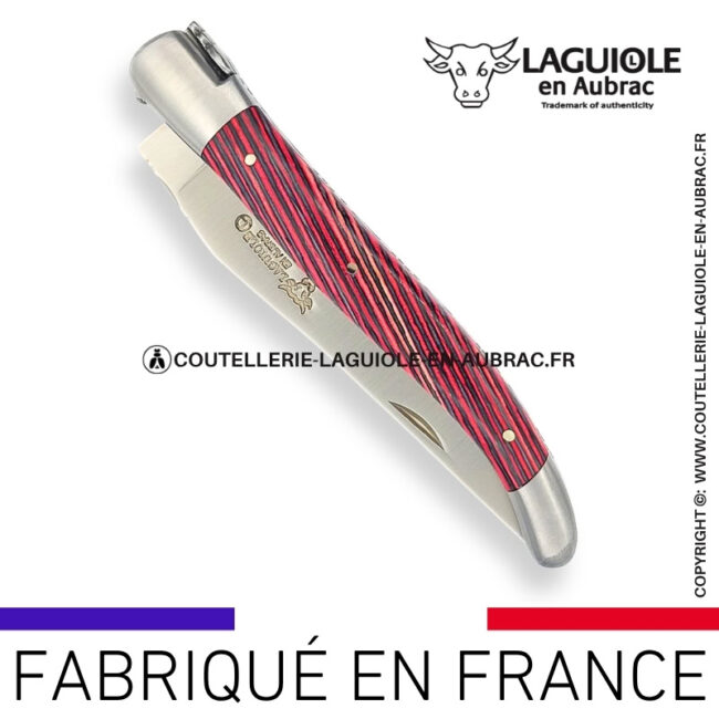 couteau laguiole en aubrac pliant en marqueterie bicolore rose et finition satinée