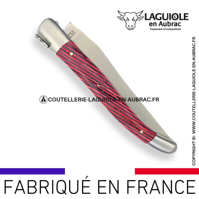 couteau laguiole en aubrac pliant en marqueterie bicolore rose et finition satinée