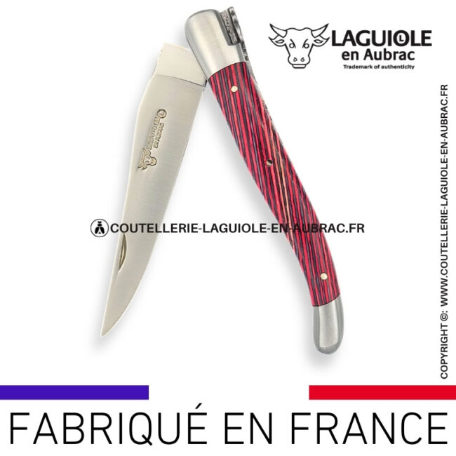couteau laguiole en aubrac pliant en marqueterie bicolore rose et finition satinée