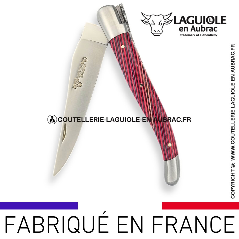 couteau laguiole en aubrac pliant en marqueterie bicolore rose et finition satinée