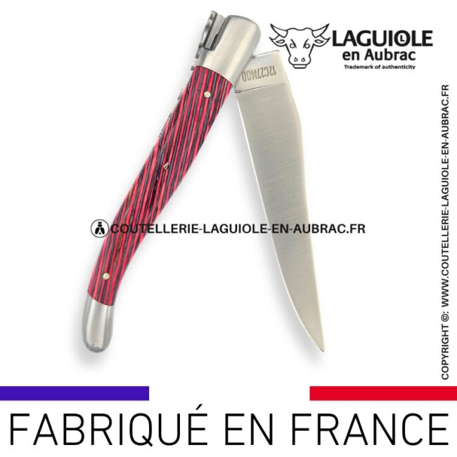 couteau laguiole en aubrac pliant en marqueterie bicolore rose et finition satinée