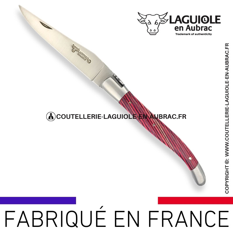 couteau laguiole en aubrac pliant en marqueterie bicolore rose et finition satinée