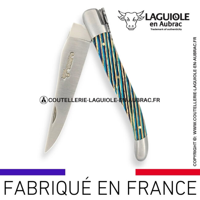 couteau laguiole en aubrac pliant en marqueterie bicolore turquoise et finition satinée
