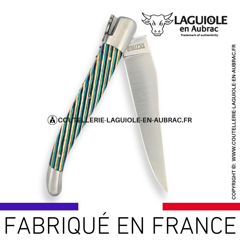 couteau laguiole en aubrac pliant en marqueterie bicolore turquoise et finition satinée