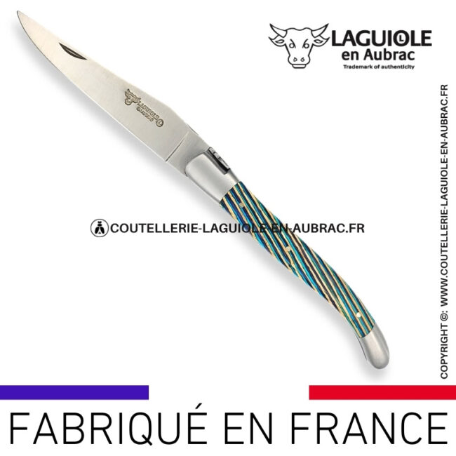 couteau laguiole en aubrac pliant en marqueterie bicolore turquoise et finition satinée