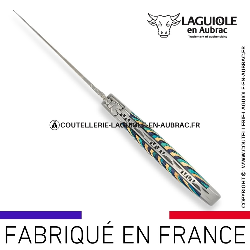 couteau laguiole en aubrac pliant en marqueterie bicolore turquoise et finition satinée