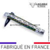 couteau laguiole en aubrac pliant en marqueterie bicolore vert et finition satinée