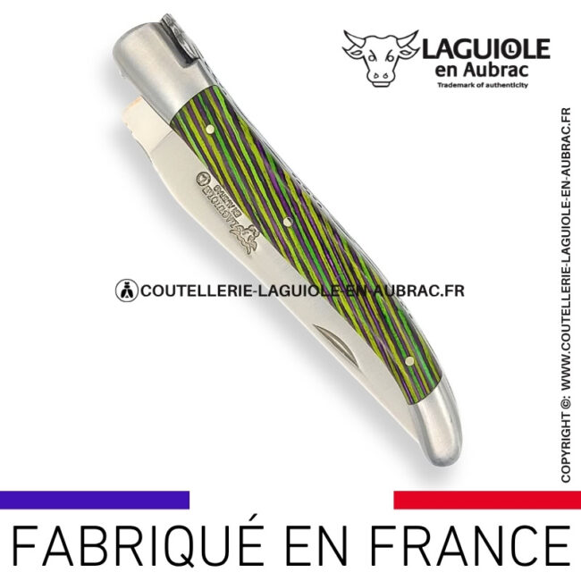 couteau laguiole en aubrac pliant en marqueterie bicolore vert et finition satinée