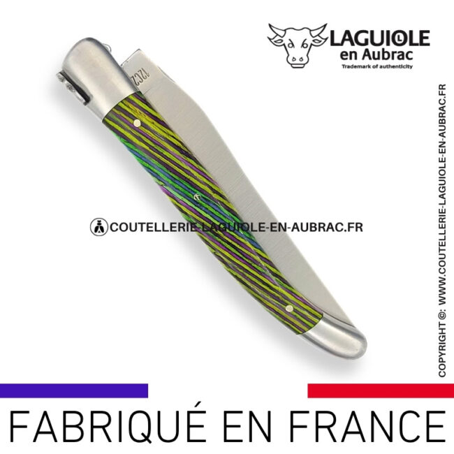couteau laguiole en aubrac pliant en marqueterie bicolore vert et finition satinée