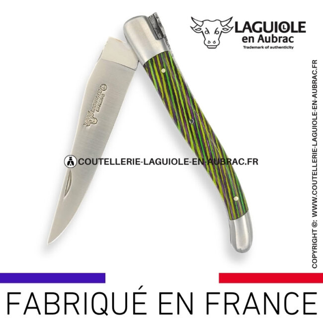 couteau laguiole en aubrac pliant en marqueterie bicolore vert et finition satinée