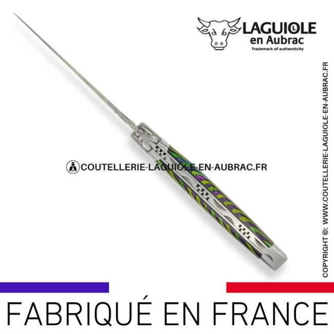 couteau laguiole en aubrac pliant en marqueterie bicolore vert et finition satinée