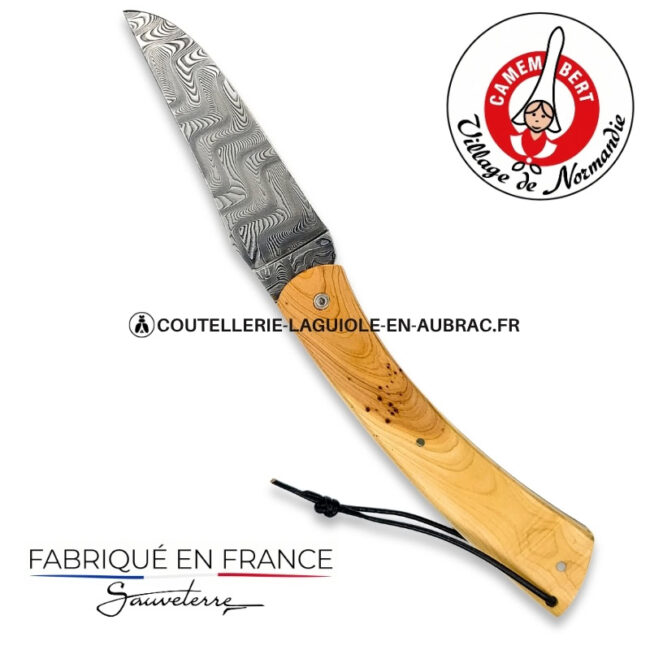 couteau plein manche le camembert® en genévrier, lame damas et platines guillochées