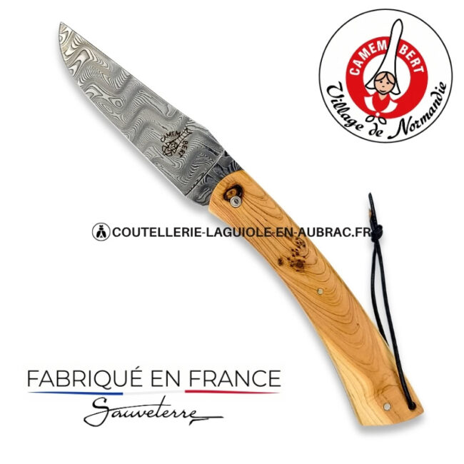 couteau plein manche le camembert® en genévrier, lame damas et platines guillochées