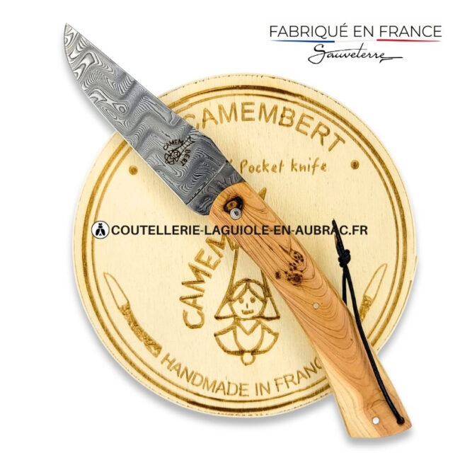 couteau plein manche le camembert® en genévrier, lame damas et platines guillochées