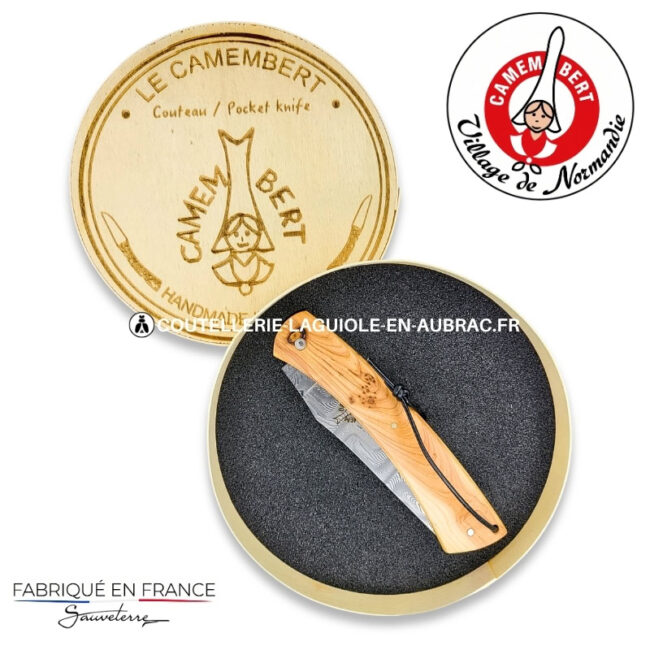 couteau plein manche le camembert® en genévrier, lame damas et platines guillochées