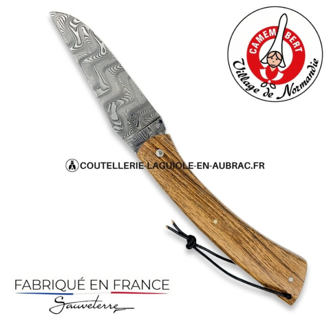 couteau plein manche le camembert® en noyer, lame damas et platines guillochées