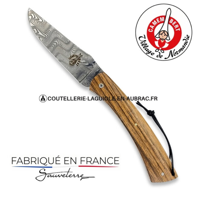 couteau plein manche le camembert® en noyer, lame damas et platines guillochées