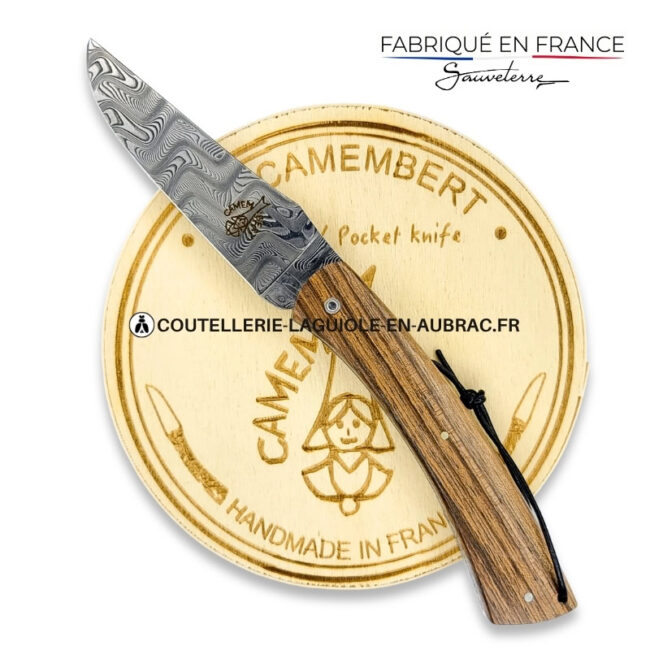 couteau plein manche le camembert® en noyer, lame damas et platines guillochées