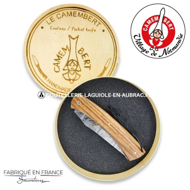 couteau plein manche le camembert® en noyer, lame damas et platines guillochées