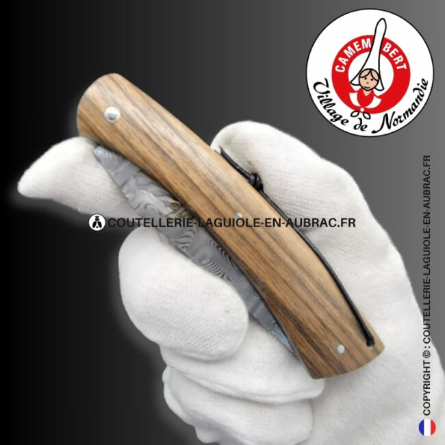 couteau plein manche le camembert® en noyer, lame damas et platines guillochées