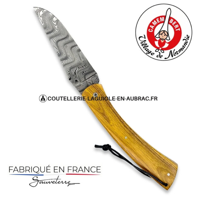 couteau plein manche le camembert® en pistachier, lame damas et platines guillochées
