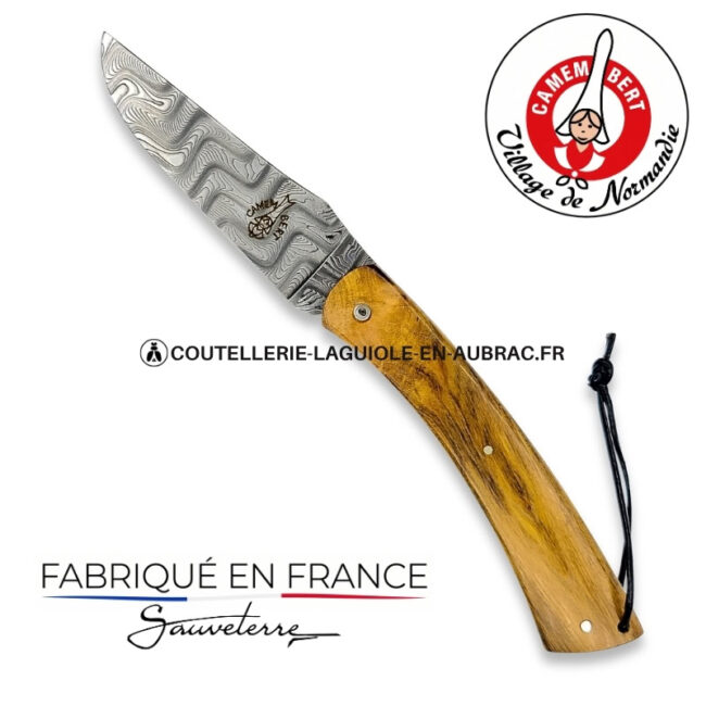 couteau plein manche le camembert® en pistachier, lame damas et platines guillochées