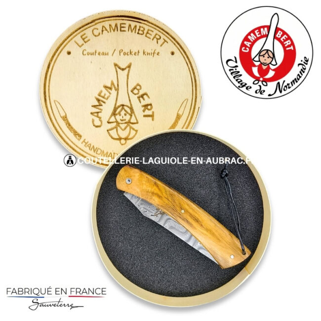 couteau plein manche le camembert® en pistachier, lame damas et platines guillochées
