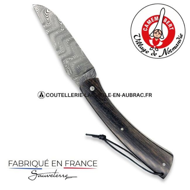 couteau pliant le camembert® en Ébène, lame damas et platines guillochées