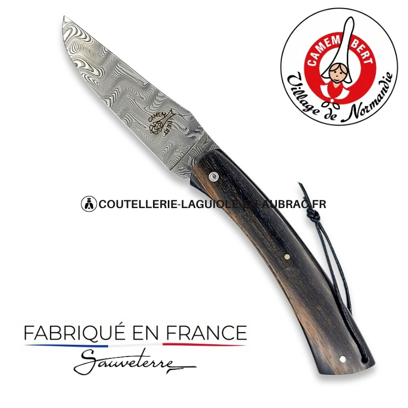 couteau pliant le camembert® en Ébène, lame damas et platines guillochées