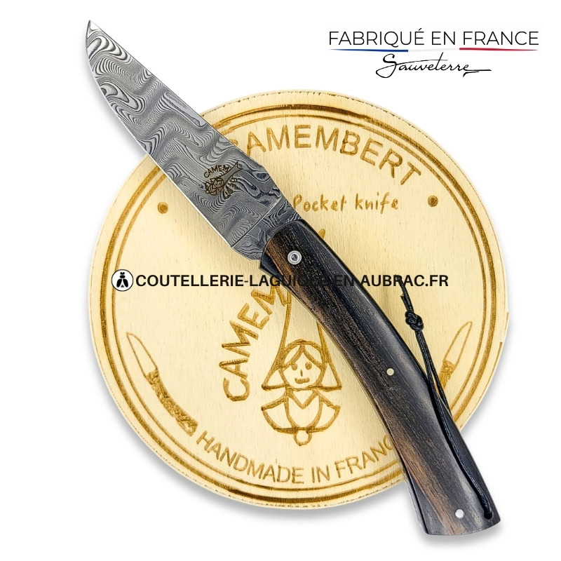 couteau pliant le camembert® en Ébène, lame damas et platines guillochées