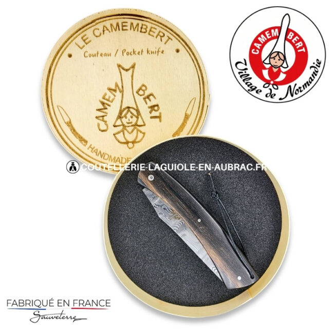 couteau pliant le camembert® en Ébène, lame damas et platines guillochées