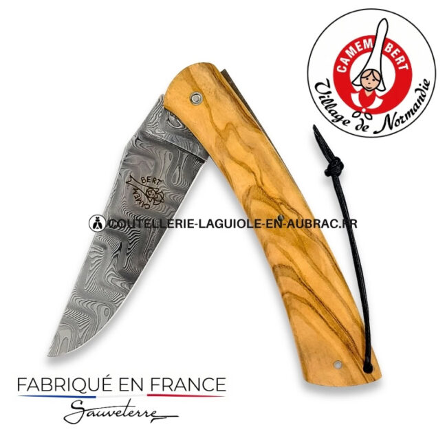 couteau pliant le camembert® en olivier, lame damas et platines guillochées