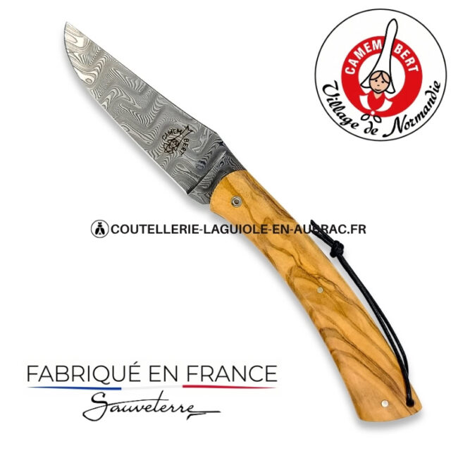 couteau pliant le camembert® en olivier, lame damas et platines guillochées