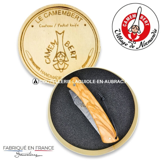 couteau pliant le camembert® en olivier, lame damas et platines guillochées