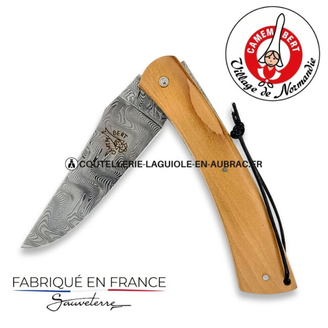 couteau pliant le camembert® en pommier, lame damas et platines guillochées