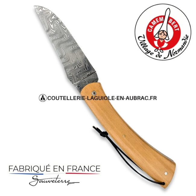 couteau pliant le camembert® en pommier, lame damas et platines guillochées