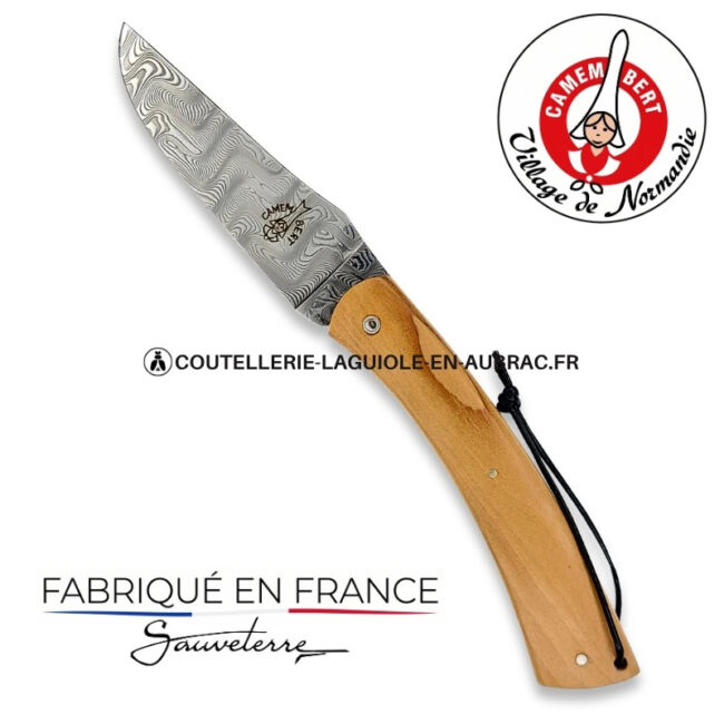 couteau pliant le camembert® en pommier, lame damas et platines guillochées