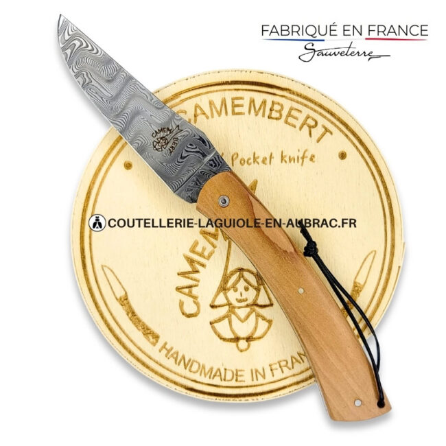 couteau pliant le camembert® en pommier, lame damas et platines guillochées