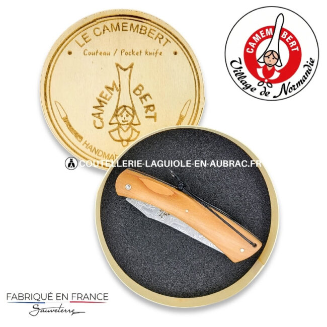 couteau pliant le camembert® en pommier, lame damas et platines guillochées