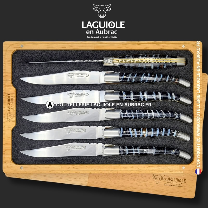 couteaux de table laguiole en aubrac aux doubles platines ciselées en molaire de mammouth bleue (set de 6)