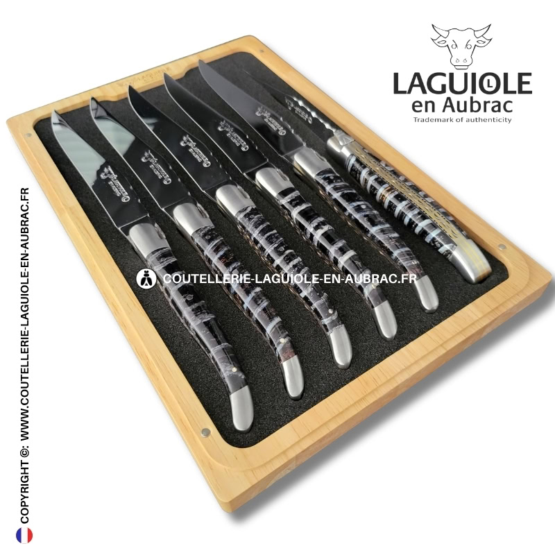 couteaux de table laguiole en aubrac aux doubles platines ciselées en molaire de mammouth bleue (set de 6)